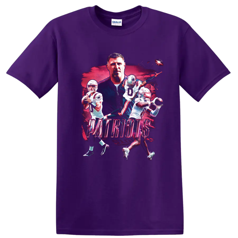 Drake Maye and Stefon Diggs Patriots football action collage with bold PATRIOTS text on a Purple T Shirt