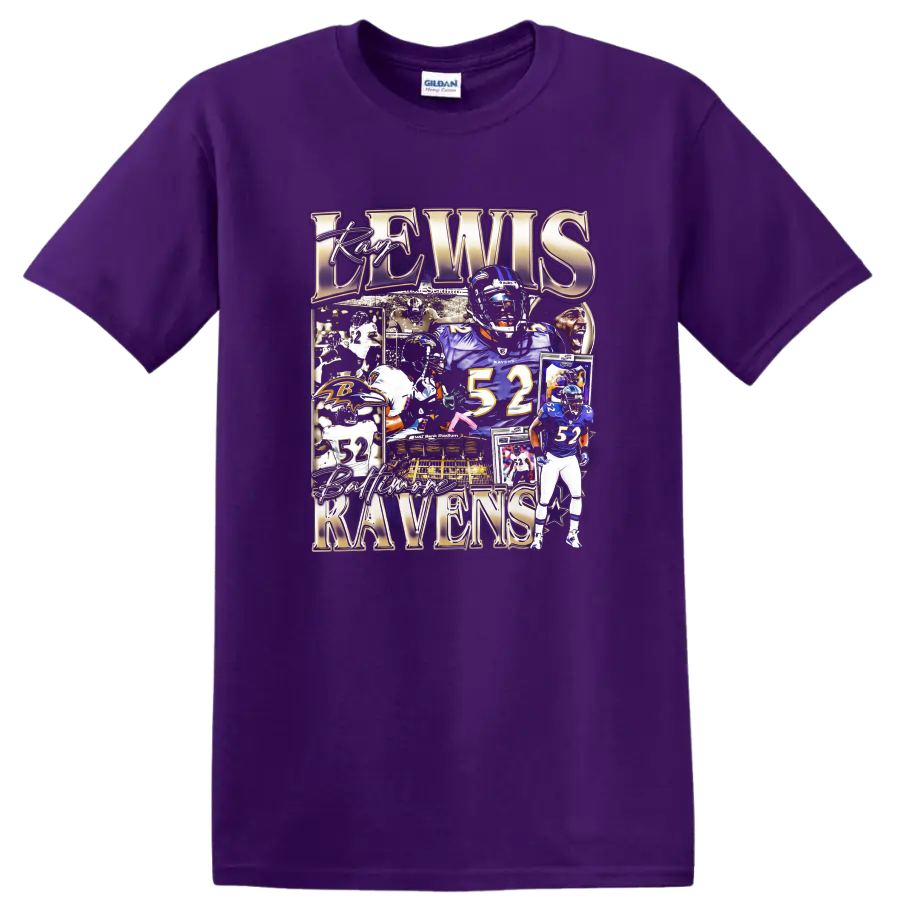 Ray Lewis Baltimore Ravens number 52 football collage with stadium and helmet portraits on a Purple T Shirt