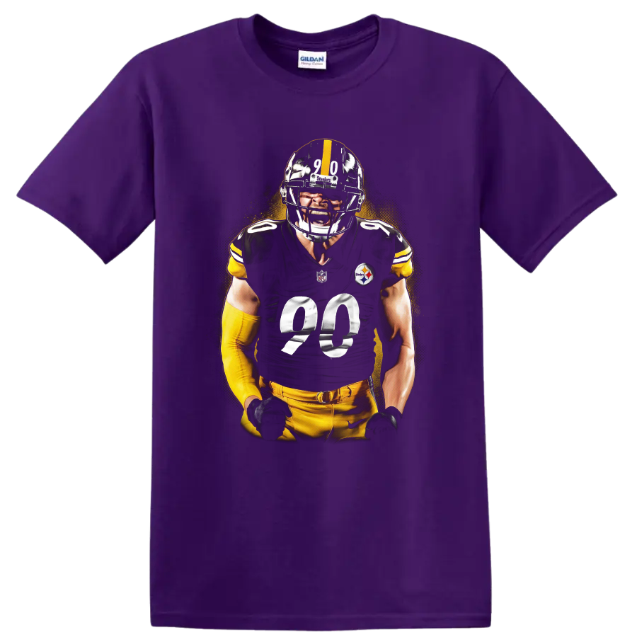 T.J. Watt Steelers defensive football player portrait with gold halftone backdrop on a Purple T Shirt