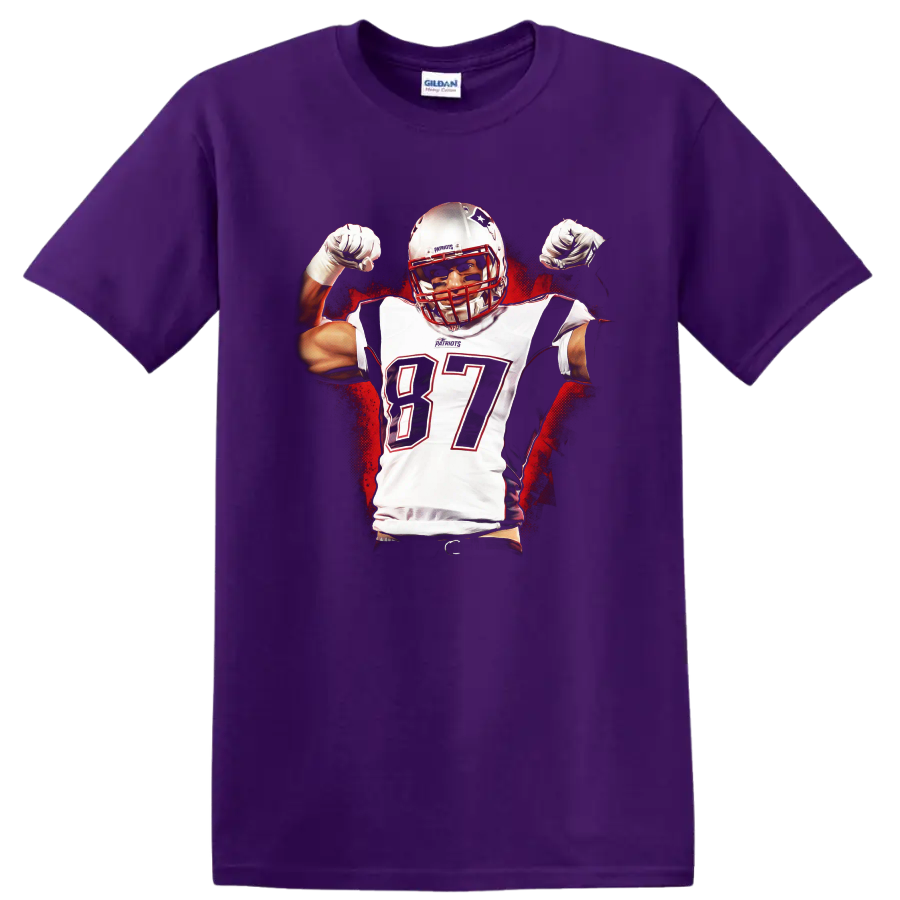 Travis Kelce number 87 football player flexing in bold red and black graphic art on a Purple T Shirt