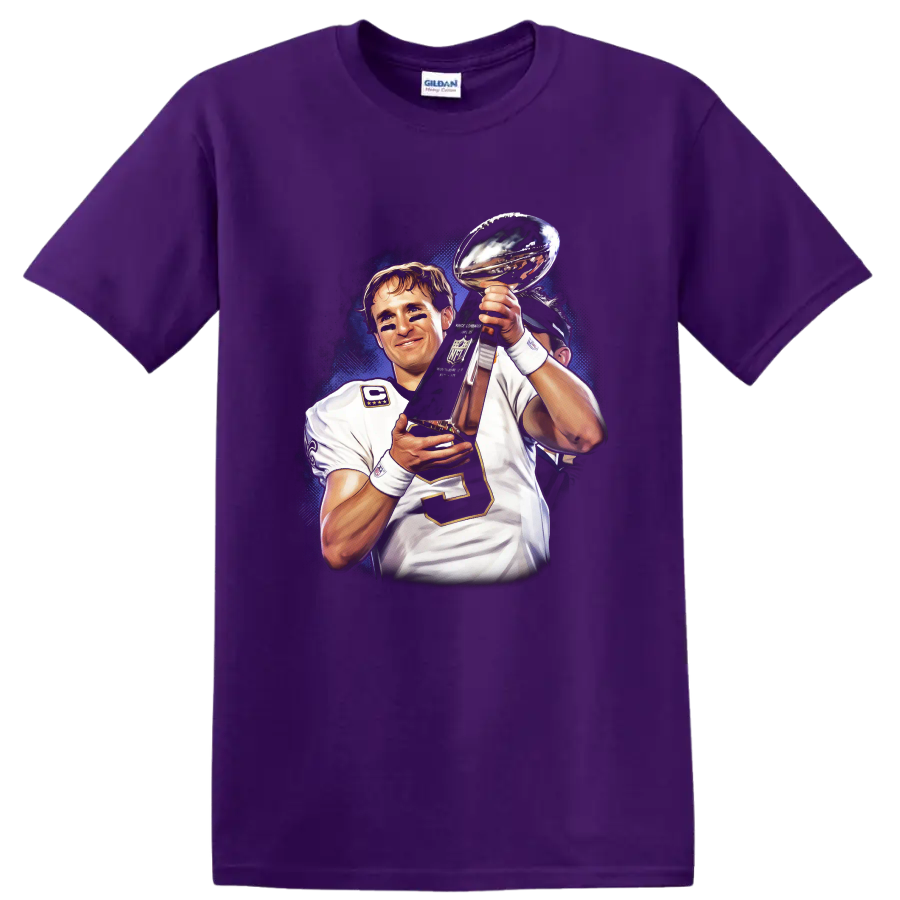 Drew Brees holding Lombardi Trophy in illustrated New Orleans Saints football art on a Purple T Shirt
