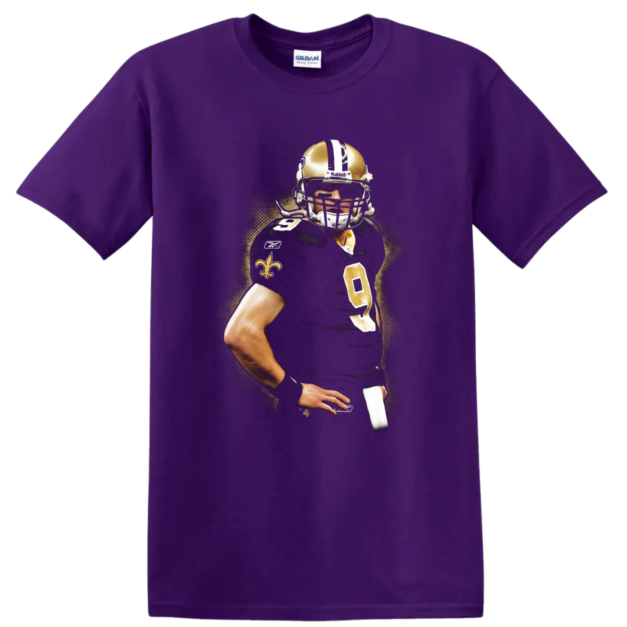 Drew Brees New Orleans Saints quarterback portrait with gold splatter background on a Purple T Shirt