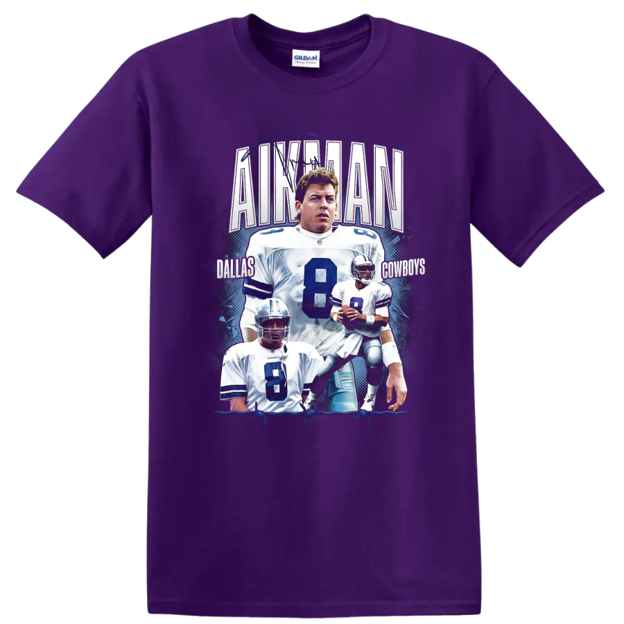 Troy Aikman Dallas Cowboys No. 8 football collage with quarterback action portraits on a Purple T Shirt