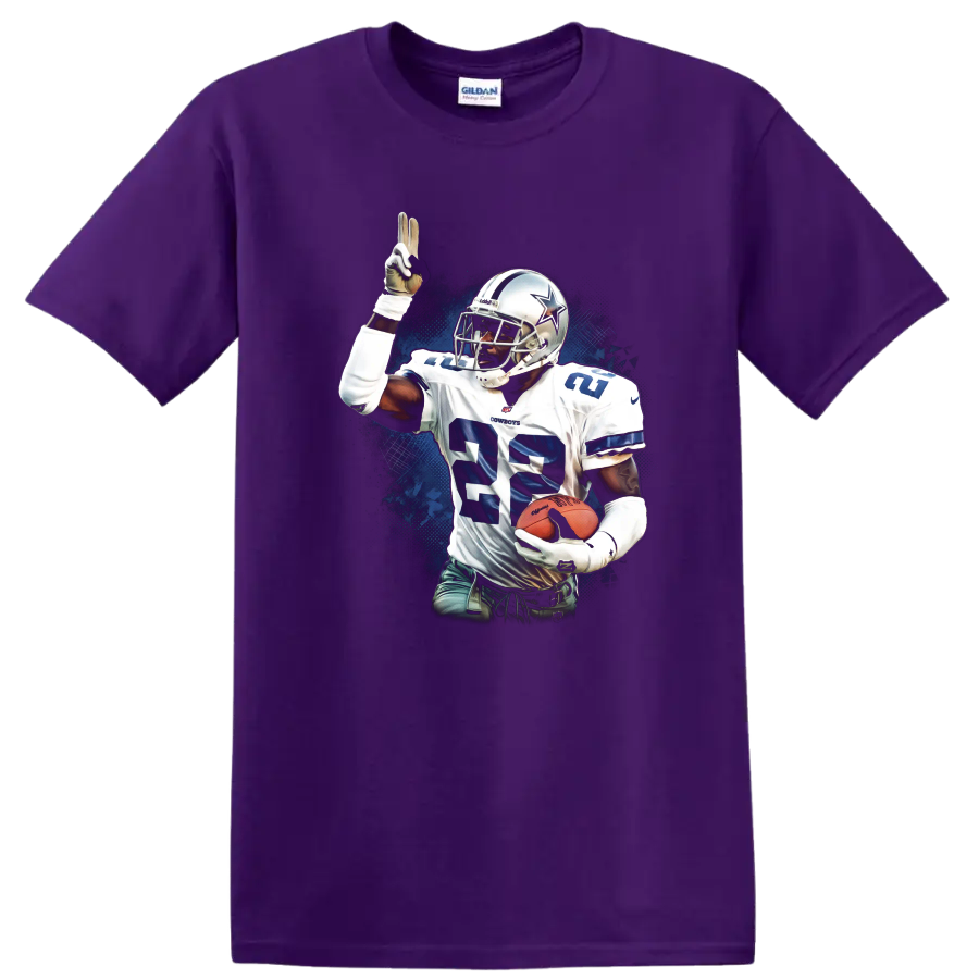 Emmitt Smith Dallas Cowboys No. 22 football action art with blue grunge backdrop on a Purple T Shirt