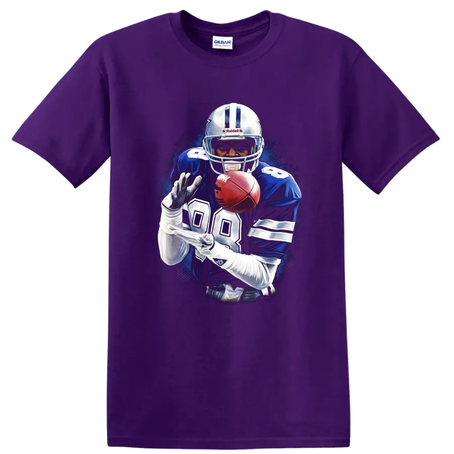 Emmitt Smith Dallas Cowboys number 22 football player with ball in blue action art on a Purple T Shirt