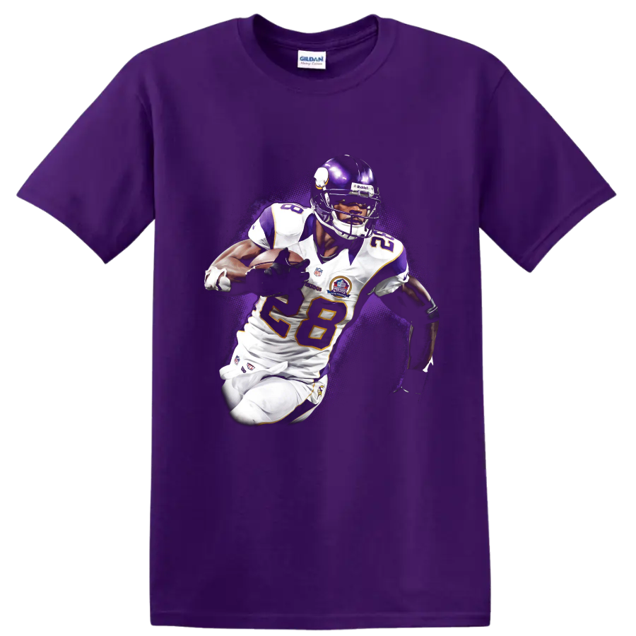 Adrian Peterson Minnesota Vikings running back action artwork with purple halftone burst on a Purple T Shirt
