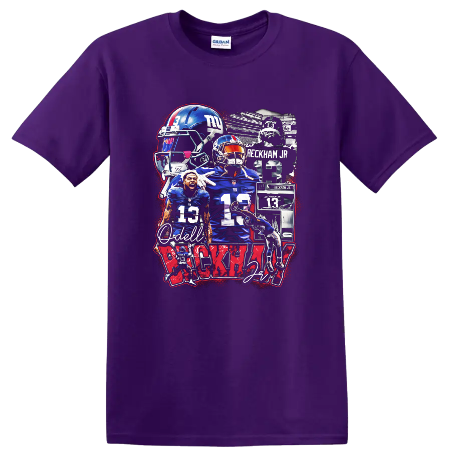 Odell Beckham Jr New York Giants No. 13 football action collage with helmet art on a Purple T Shirt