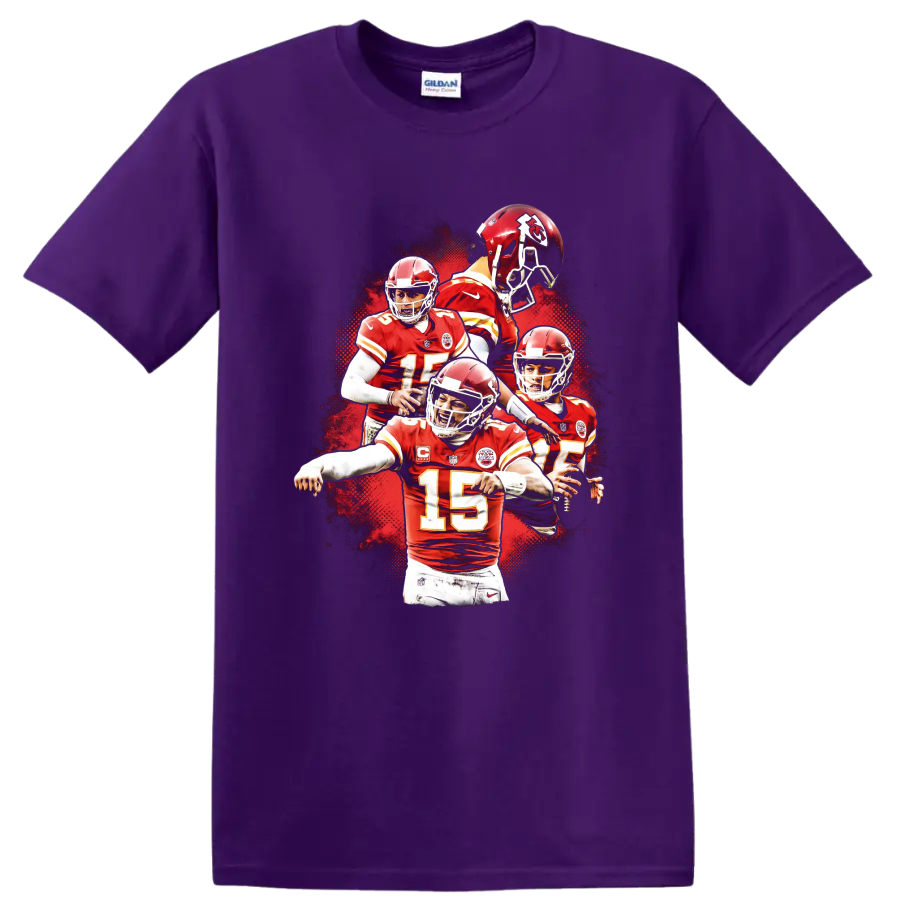 Patrick Mahomes Kansas City Chiefs quarterback action collage with red splatter on a Purple T Shirt