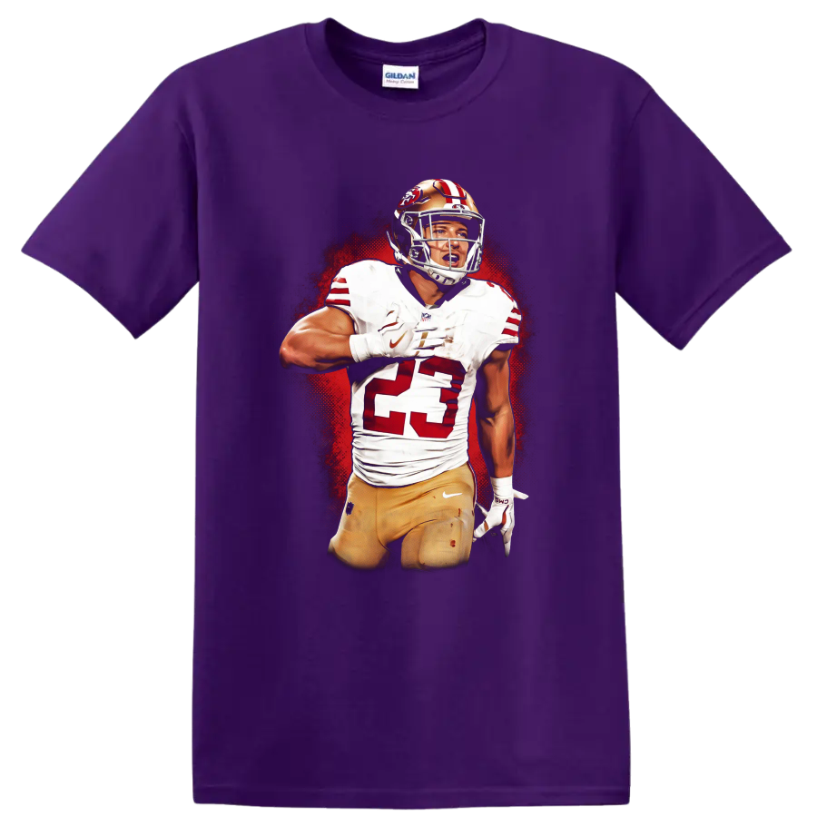 Christian McCaffrey 49ers number 23 football action portrait with red halftone backdrop on a Purple T Shirt
