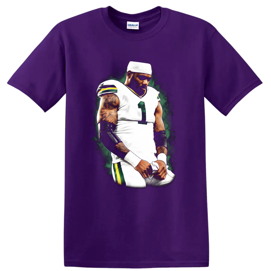 Davante Adams football player portrait in white uniform with green halftone backdrop on a Purple T Shirt