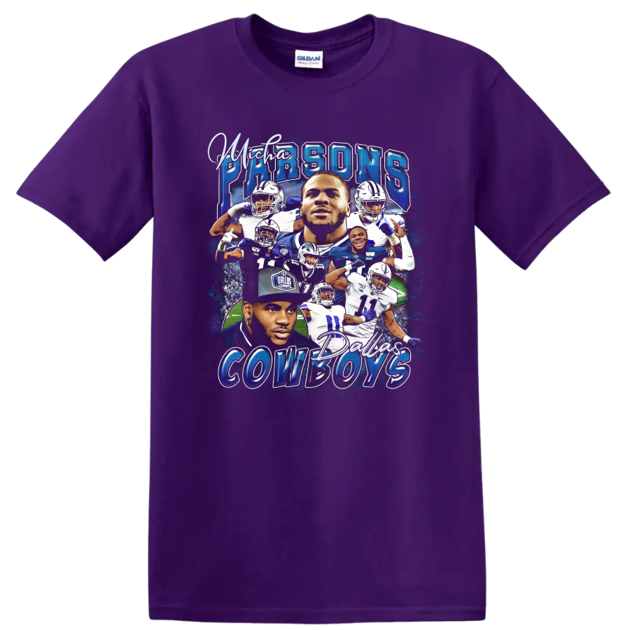 Micah Parsons Dallas Cowboys football collage with player portraits and action poses on a Purple T Shirt
