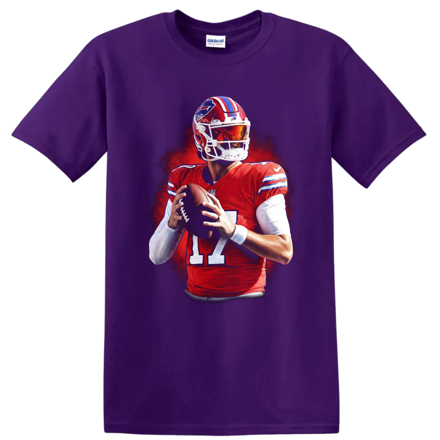 Josh Allen Buffalo Bills No. 17 quarterback action portrait with red halftone backdrop on a Purple T Shirt
