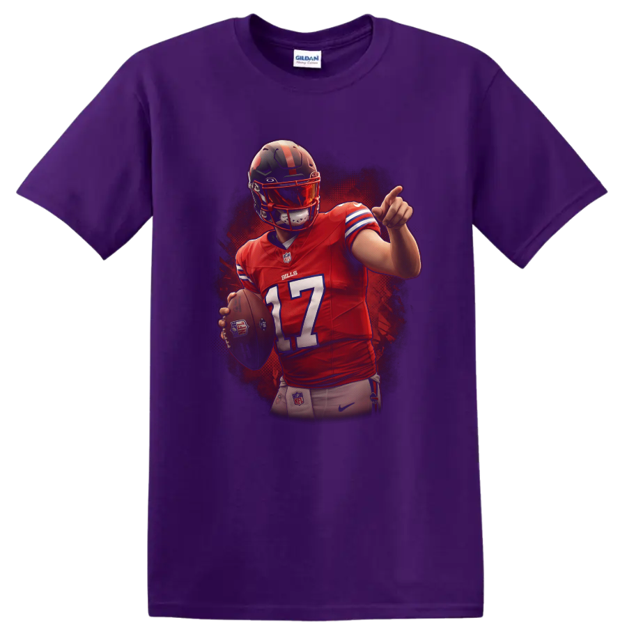 Josh Allen Buffalo Bills number 17 quarterback action illustration with football on a Purple T Shirt