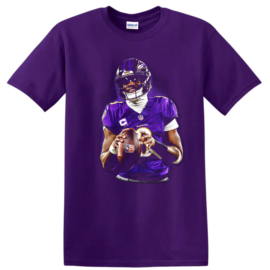 Lamar Jackson Baltimore Ravens quarterback holding a football in glowing purple action art on a Purple T Shirt