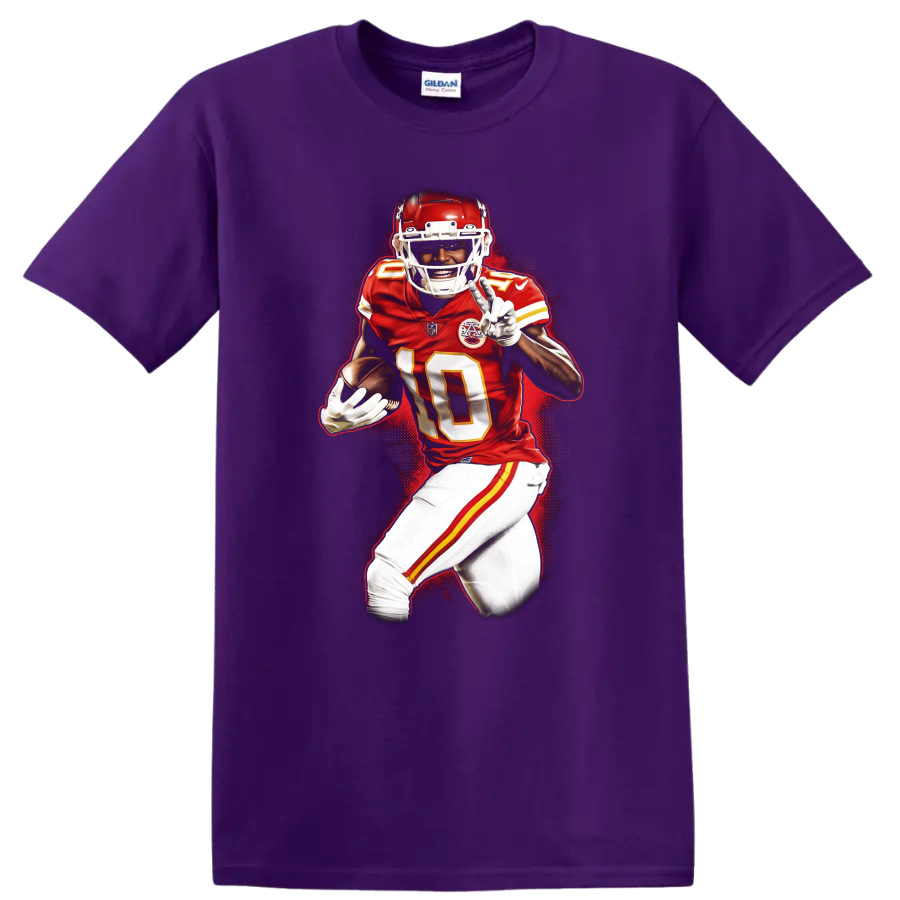 Tyreek Hill Kansas City Chiefs number 10 football action graphic with red splatter on a Purple T Shirt
