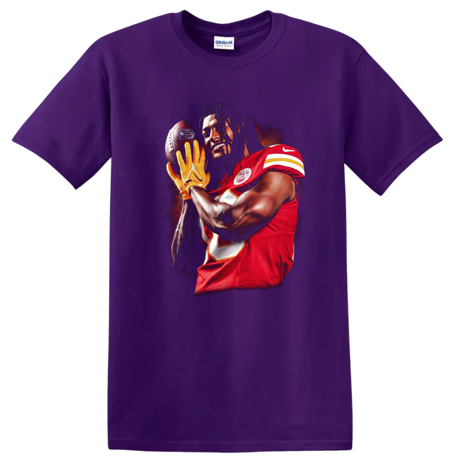 Tyreek Hill Kansas City Chiefs catch-ready football player portrait in bold sports art on a Purple T Shirt