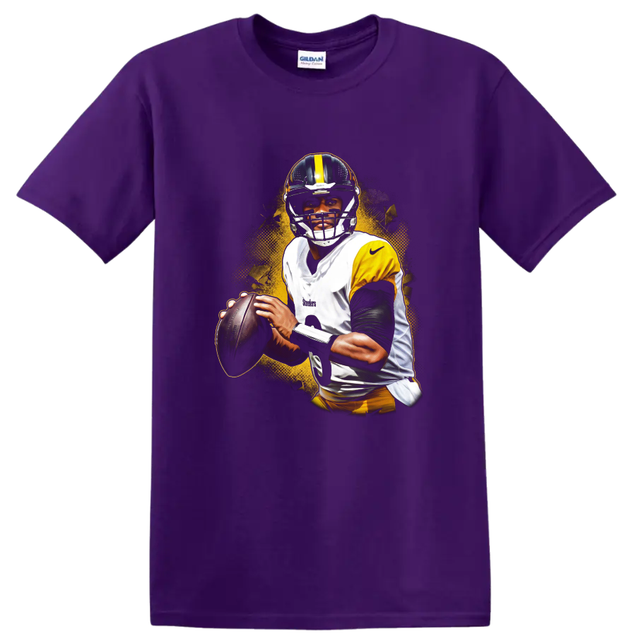 T.J. Watt Pittsburgh Steelers football player portrait with gold grunge splash on a Purple T Shirt
