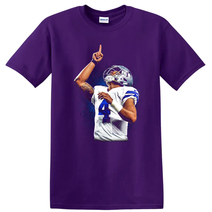 Dak Prescott Dallas Cowboys football action portrait with blue splash background on a Purple T Shirt
