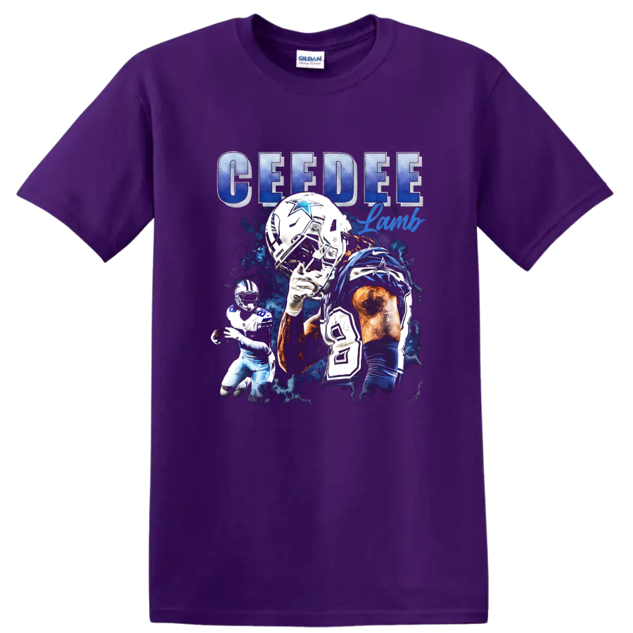 CeeDee Lamb Dallas Cowboys number 88 football collage with CEEDEE Lamb lettering on a Purple T Shirt