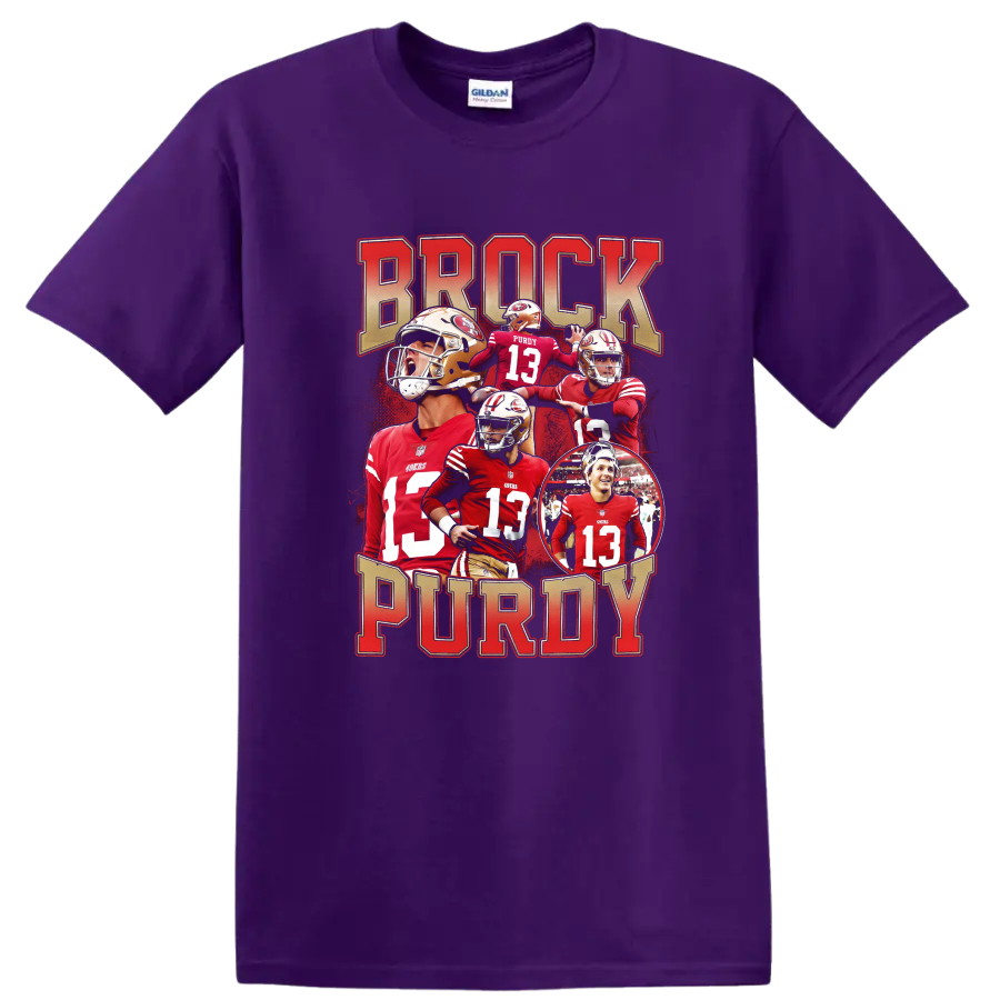 Brock Purdy San Francisco 49ers quarterback collage with bold BROCK PURDY lettering on a Purple T Shirt