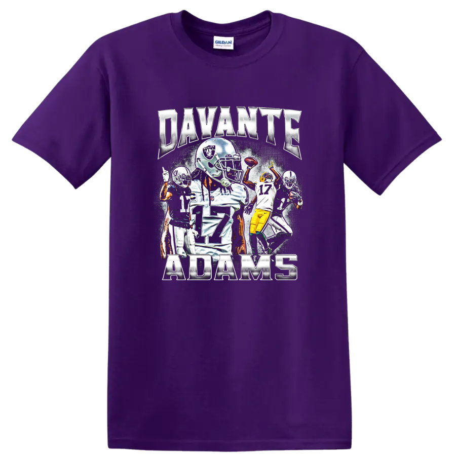 Davante Adams Las Vegas Raiders football action collage with metallic name lettering on a Purple T Shirt