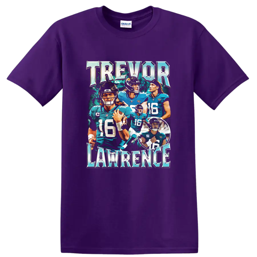 Trevor Lawrence Jaguars quarterback action collage with metallic lettering on a Purple T Shirt
