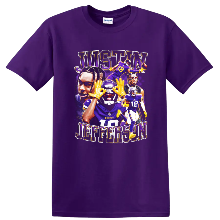 Justin Jefferson Minnesota Vikings football portrait collage with JUSTIN JEFFERSON text on a Purple T Shirt