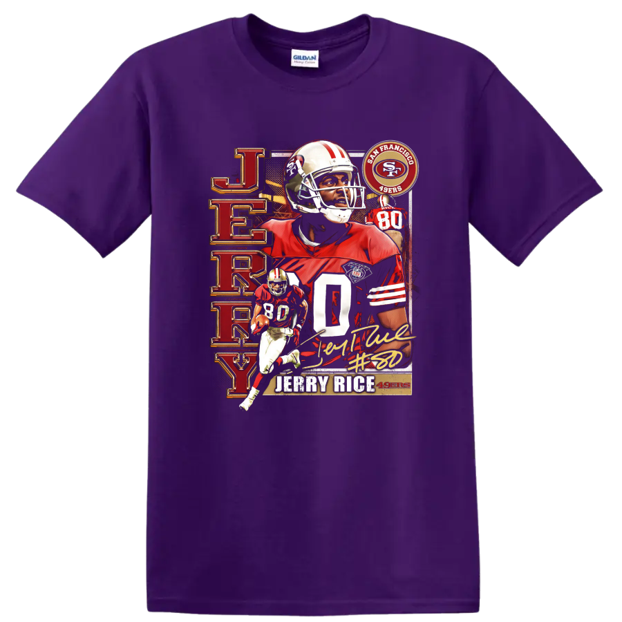 Jerry Rice 49ers retro football collage with number 80, action poses, and signature-style on a Purple T Shirt