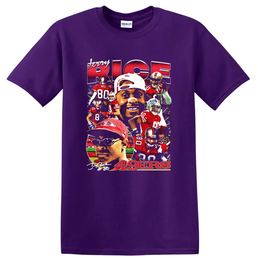 Jerry Rice San Francisco 49ers red and gold football action collage with 49ers text on a Purple T Shirt