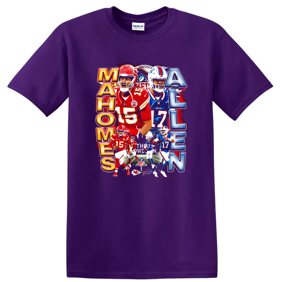 Patrick Mahomes and Josh Allen football rivalry collage with Chiefs and Bills action on a Purple T Shirt