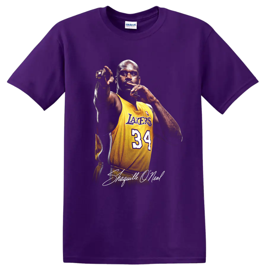 Shaquille O'Neal in Los Angeles Lakers number 34 jersey with signature lettering on a Purple T Shirt