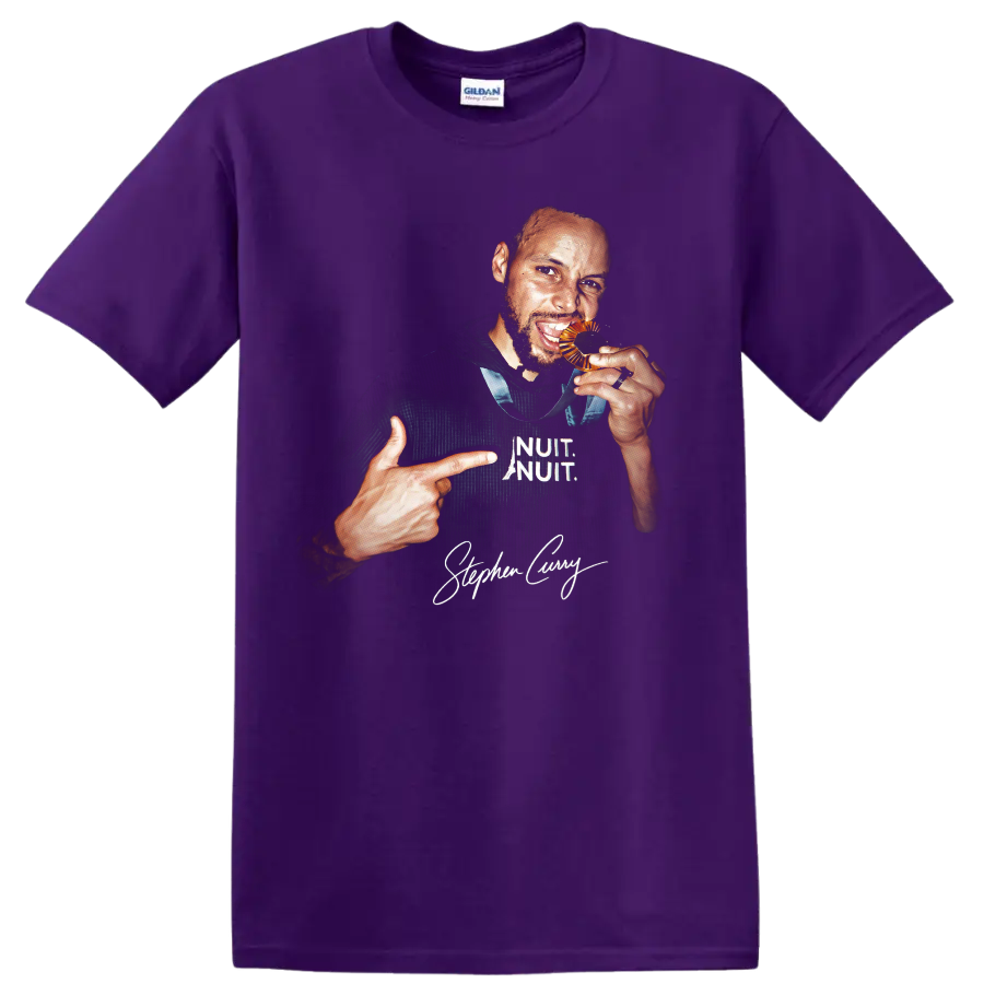 Stephen Curry basketball portrait with white lettering and signature-style graphic on a Purple T Shirt