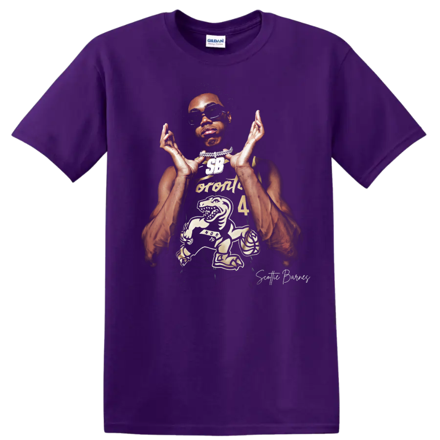 Scottie Barnes Raptors basketball portrait with sunglasses and dinosaur graphic on a Purple T Shirt
