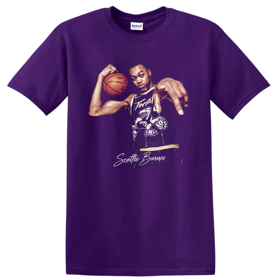 Scottie Barnes Raptors basketball player portrait with ball and signature artwork on a Purple T Shirt
