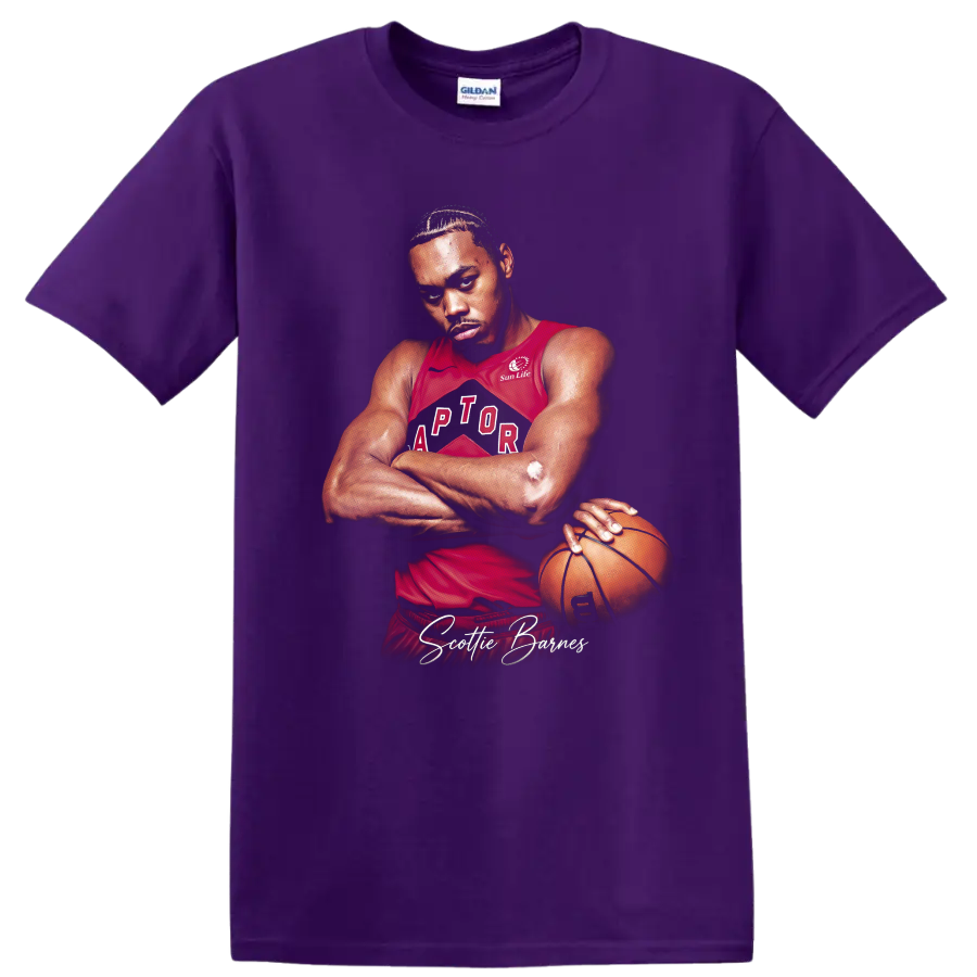 Scottie Barnes Toronto Raptors basketball player portrait with signature text on a Purple T Shirt