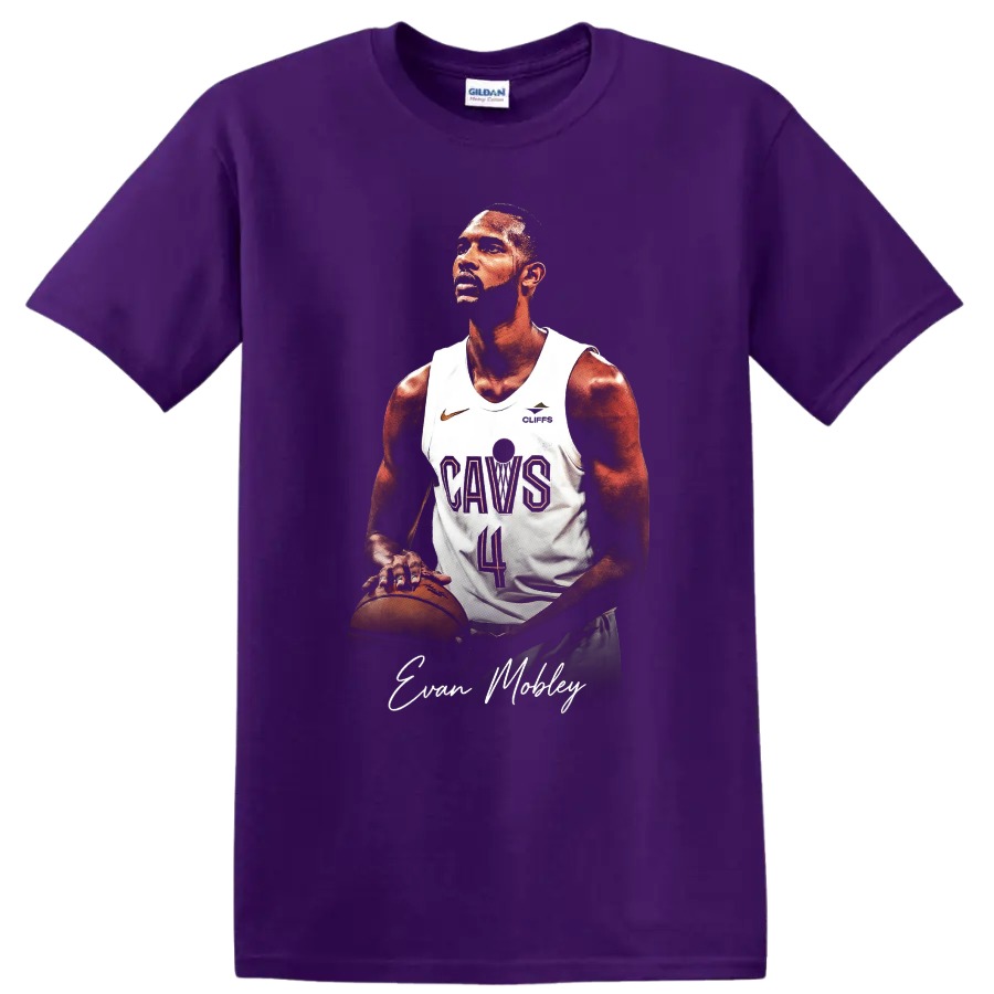 Evan Mobley Cavaliers basketball portrait with jersey, ball, and signature-style name on a Purple T Shirt