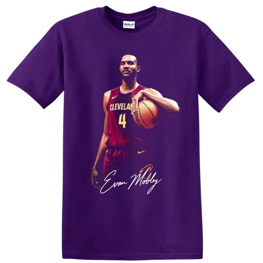 Evan Mobley Cleveland Cavaliers basketball portrait with number 4 and signature script on a Purple T Shirt