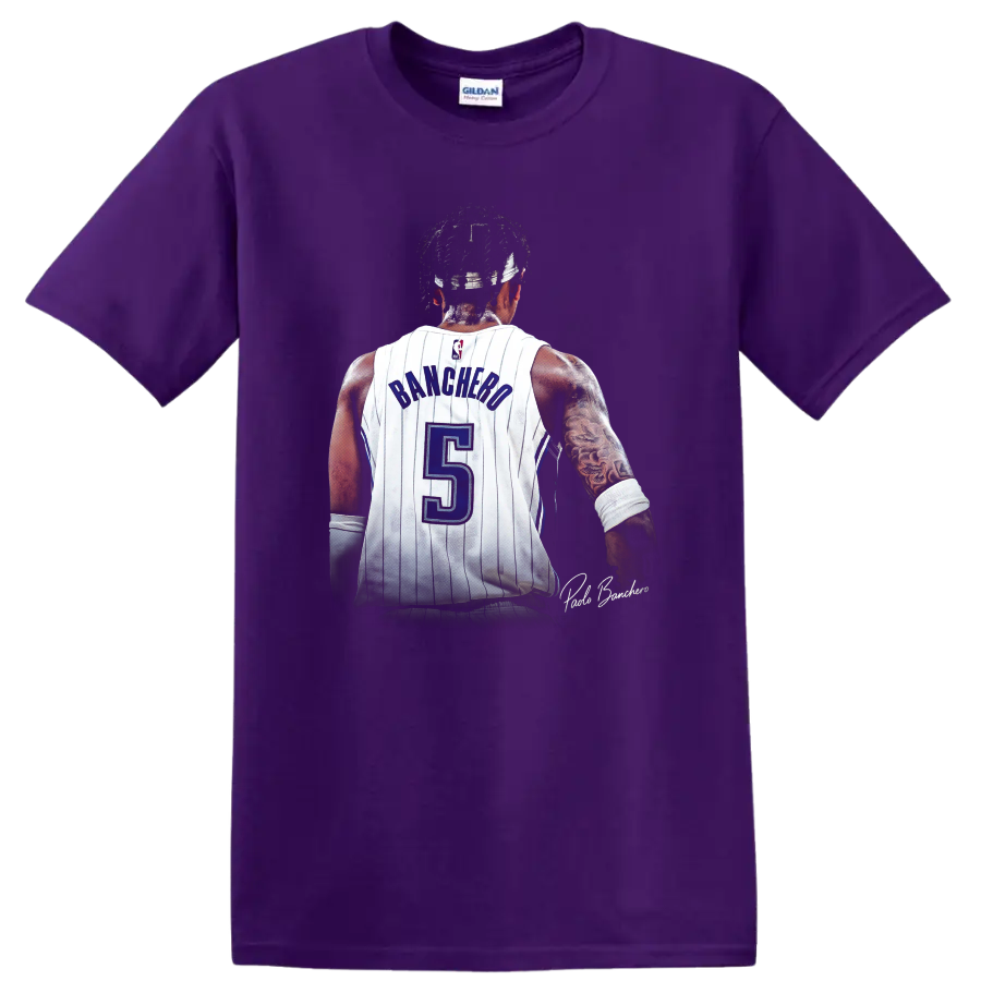 Paolo Banchero rear jersey portrait in white pinstripes with blue number 5 on a Purple T Shirt
