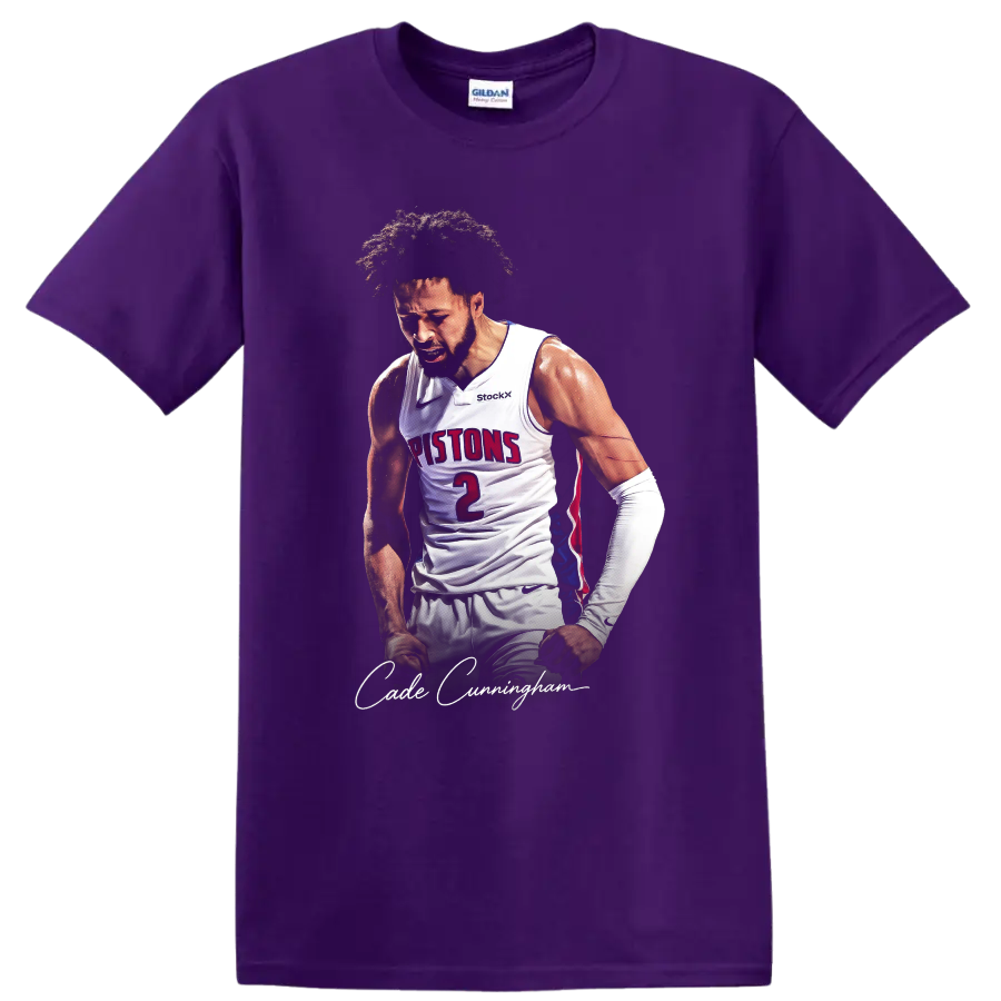 Cade Cunningham Detroit Pistons basketball portrait with number 2 and signature text on a Purple T Shirt