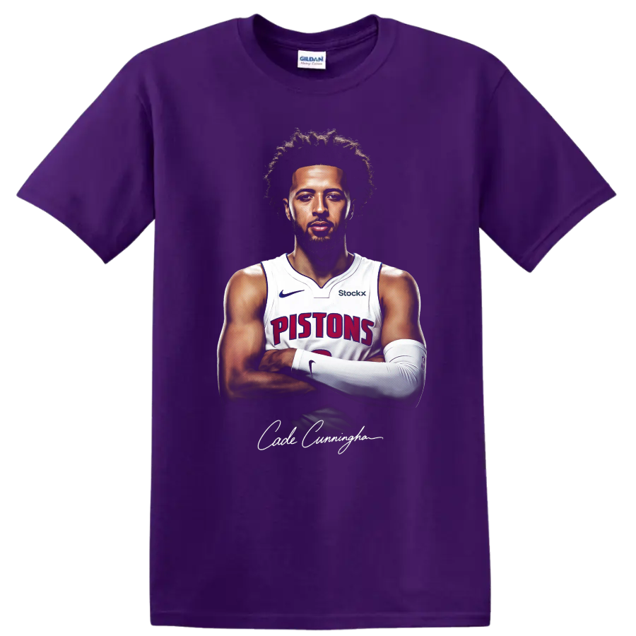 Cade Cunningham Detroit Pistons crossed-arm basketball portrait with signature on a Purple T Shirt