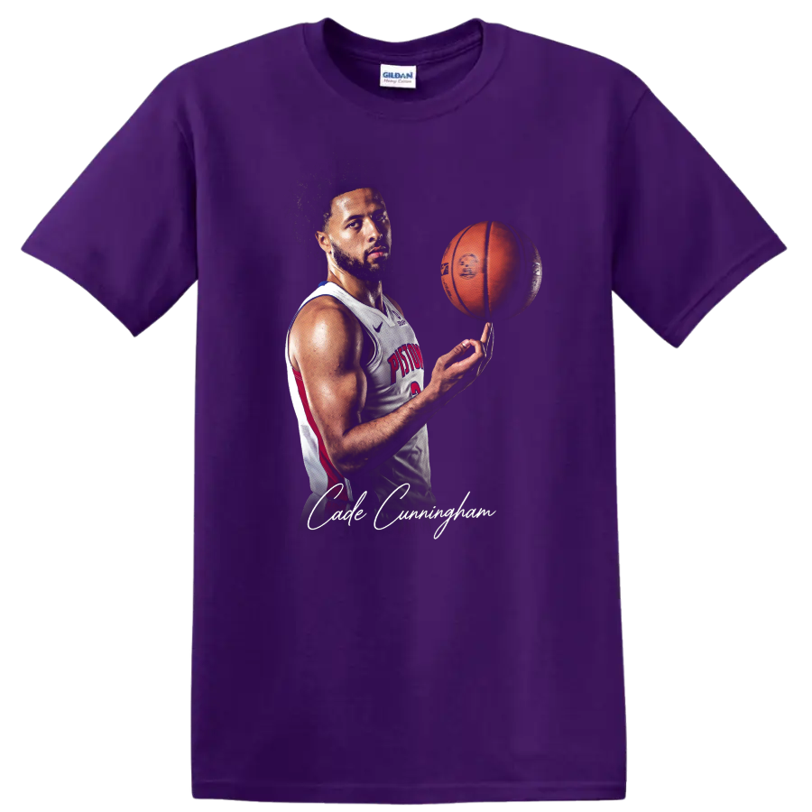 Cade Cunningham Detroit Pistons portrait with spinning basketball and signature script on a Purple T Shirt