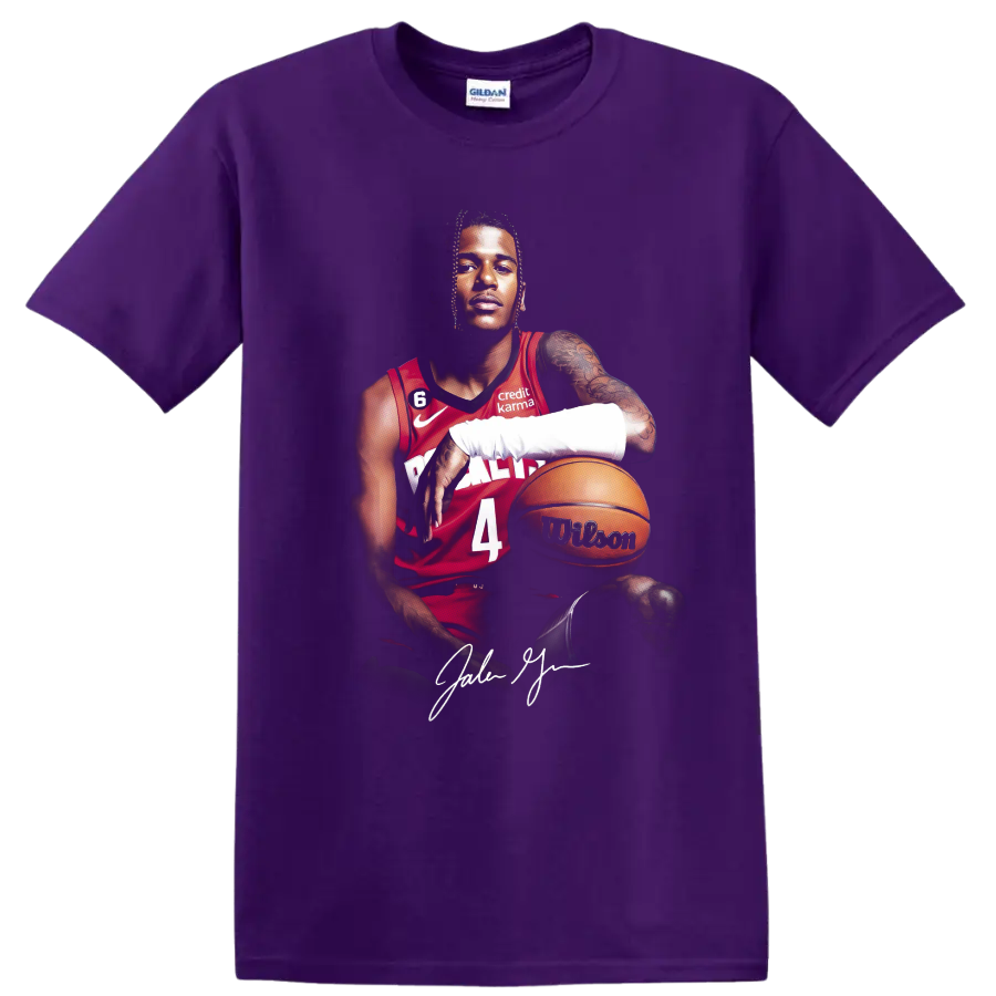 Jalen Green Houston Rockets basketball portrait with red number 4 jersey and ball on a Purple T Shirt