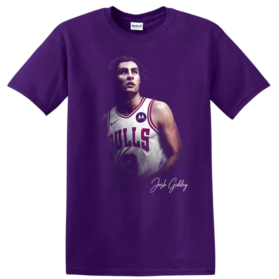 Josh Giddey Chicago Bulls number 3 basketball portrait with signature-style script on a Purple T Shirt