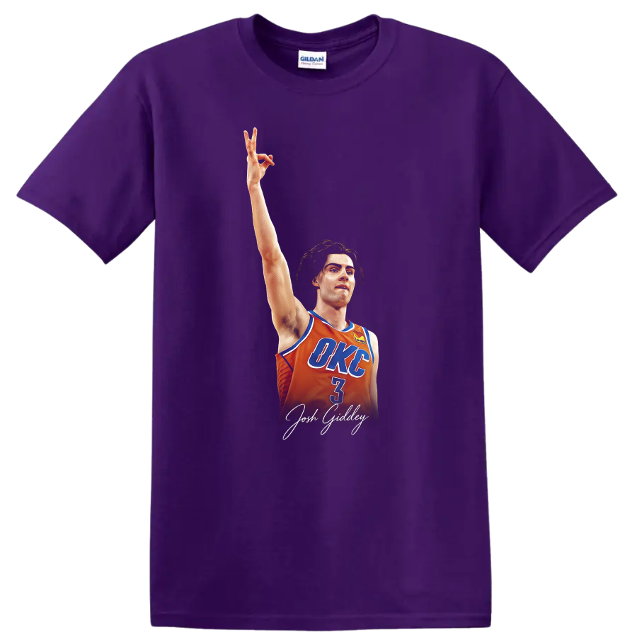 Josh Giddey in orange OKC number 3 jersey with raised arm and signature-style text on a Purple T Shirt
