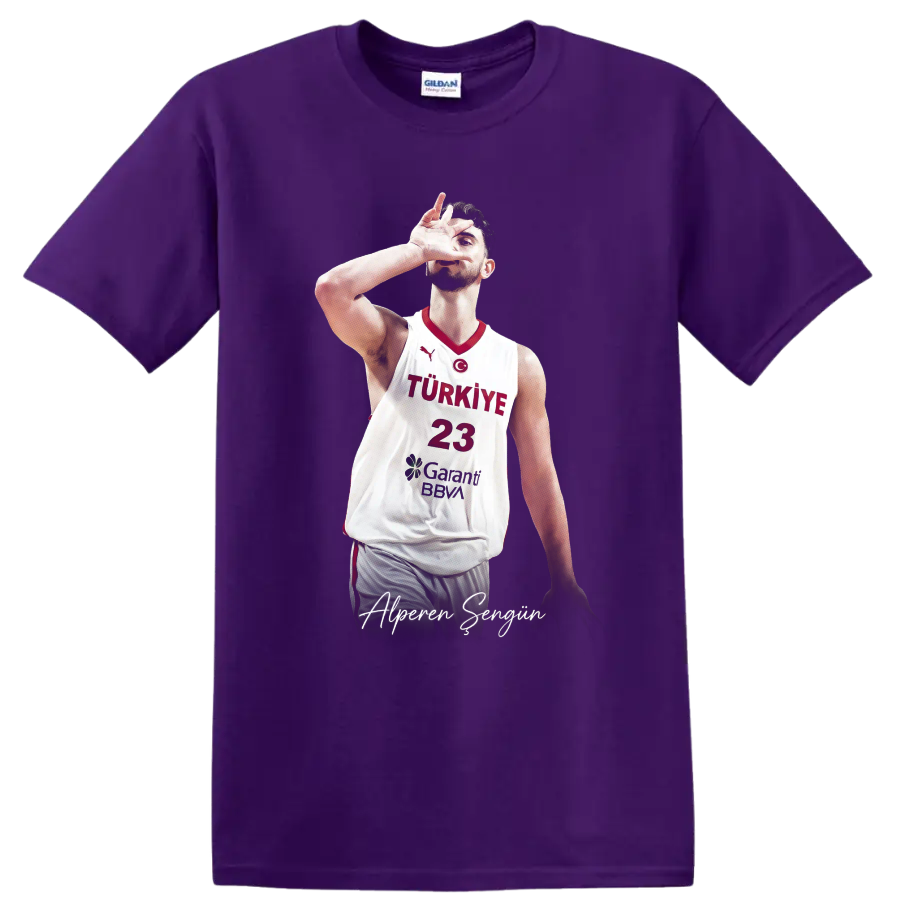 Alperen Şengün Turkey basketball action portrait with number 23 and signature text on a Purple T Shirt