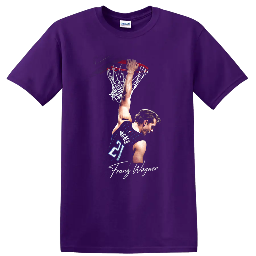 Franz Wagner Orlando Magic dunk graphic with hoop, net, jersey number 21, and signature on a Purple T Shirt