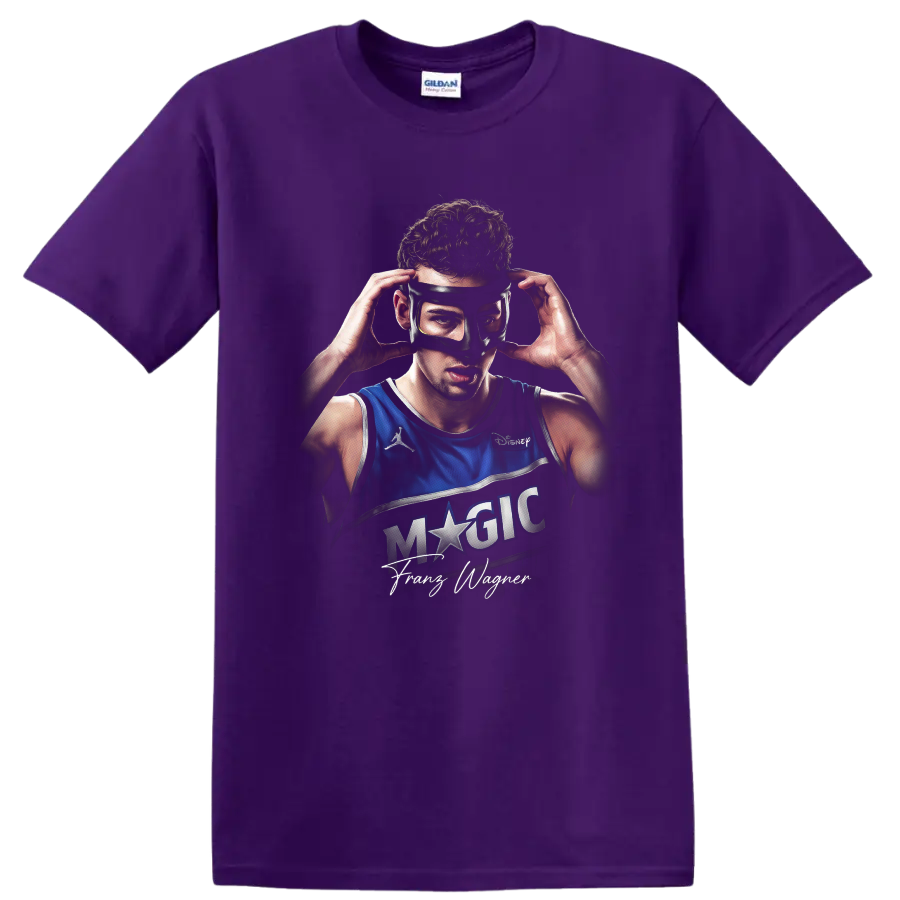 Franz Wagner Orlando Magic masked basketball portrait with signature on a Purple T Shirt