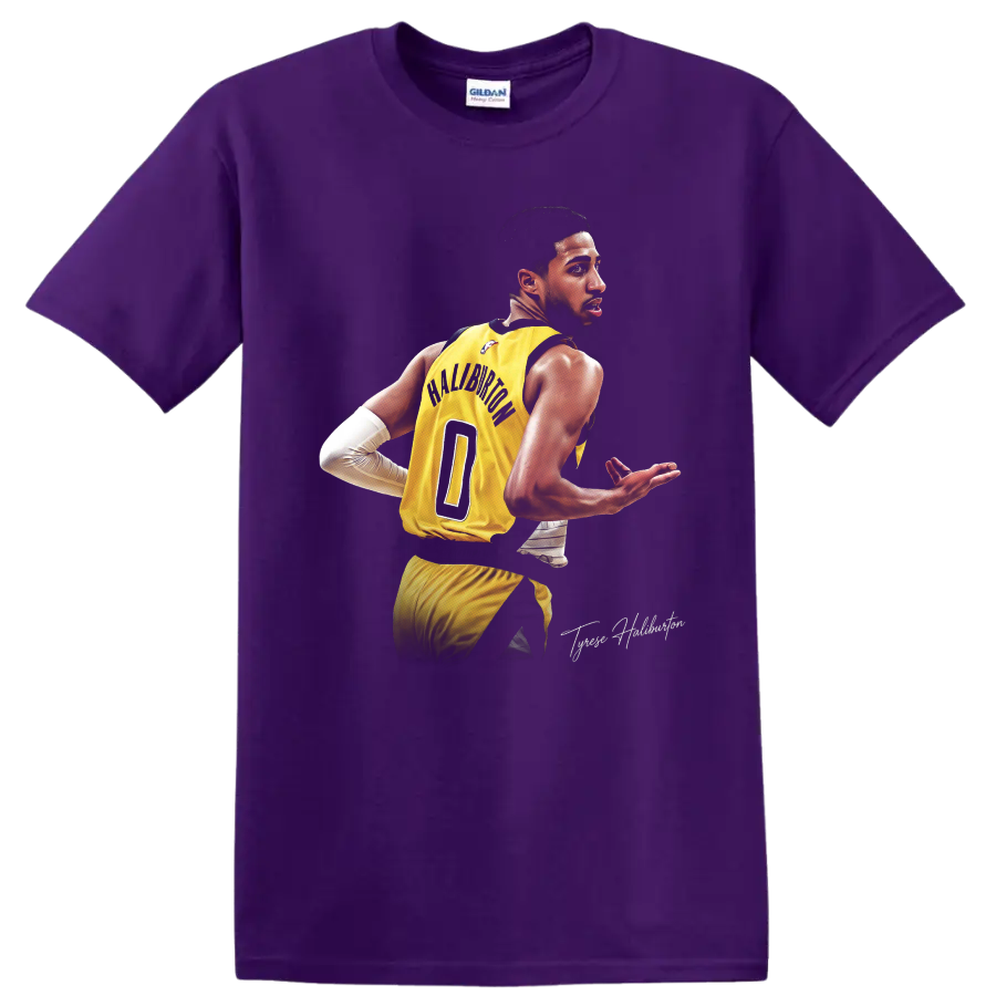 Tyrese Haliburton in yellow Indiana Pacers number 0 uniform, dynamic basketball portrait on a Purple T Shirt