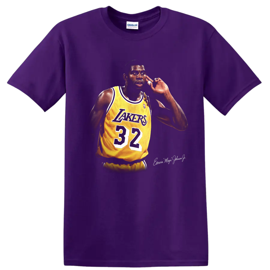 Magic Johnson in a Lakers number 32 jersey, detailed retro basketball portrait on a Purple T Shirt