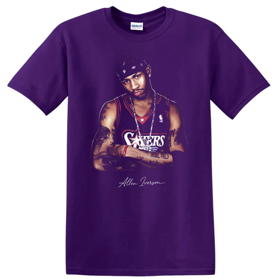 Allen Iverson Philadelphia 76ers basketball portrait with headband and jersey on a Purple T Shirt